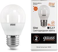Лампа светодиодная Gauss Elementary 8Вт цок.:E27 шар 220B св.свеч.бел.теп. (упак.:1шт) (53218)