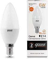 Лампа светодиодная Gauss Elementary 6Вт цок.:E14 свеча 220B св.свеч.бел.теп. C37 (упак.:10шт) (33116)