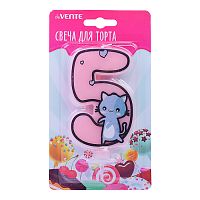 Свеча-цифра для торта "Котик" 5, размер свечки 9,1x6,6x1 см, с рисунком, розовая, в картонном блистере