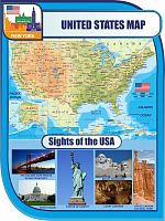 Стенд для школы голубой UNITED STATES MAP, SIGHTS OF THE USA - КАРТА И ДОСТОПРИМЕЧАТЕЛЬНОСТИ США, 0,75*1м
