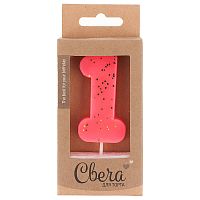 Свеча Цифра, 1 ЭКО, Неон, Ярко-розовый, с блестками, 4*6 + 3 см, 1 шт. с держателем