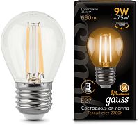 Лампа филам. Gauss Filament 9Вт цок.:E27 шар 220B св.свеч.бел.теп. P45 (упак.:1шт) (105802109)