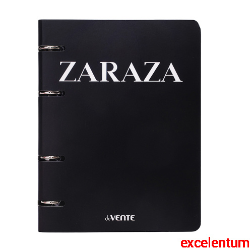 Тетрадь на кольцах А5 (160x212 мм) со сменным блоком "Zaraza" 120 листов, блок офсет 60 г/м² в клетку, гибкая обложка слим из мелованного картона 560г/м², цветная печать, матовая ламинация, термоусадочная пленка