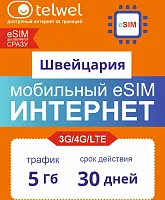Карта eSIM Telwel Travel пакет Швейцария 5Гб 30 дней