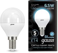 Лампа светодиодная Gauss 6.5Вт цок.:E14 шар 220B св.свеч.бел.нейт. (упак.:10шт) (105101207)