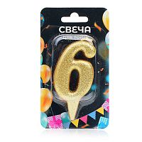 Свеча Цифра, 6 Овал, Золото, с блестками, 7 см, 1 шт.