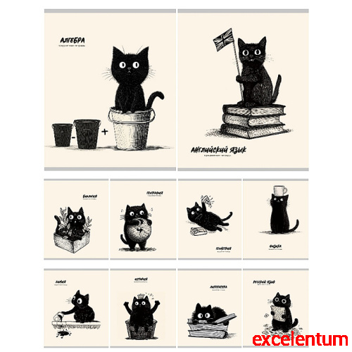 Комплект предметных тетрадей 48л. "Bad cat" тандарт, тиснение холст, вкладыш+пэт 10шт Комплект предметных тетрадей 48л. "Bad cat" тандарт, тиснение холст, вкладыш+пэт 10шт
