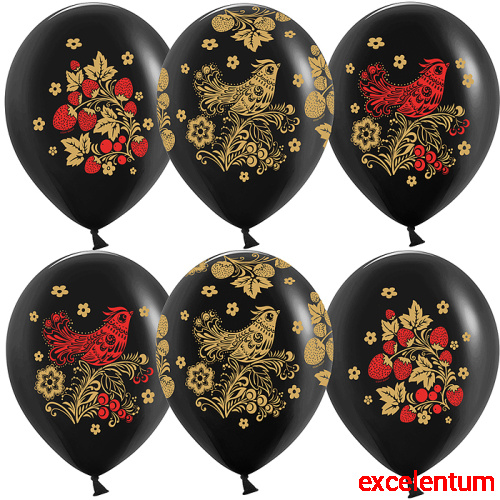 Шар (12''/30 см) Хохлома, Черный, пастель, 5 ст, 25 шт.