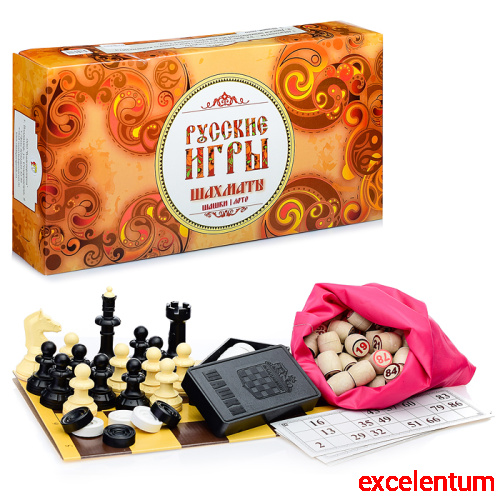 Набор "Русские игры" (шахматы, шашки, лото (бочонок из древопласта), доска из микрогофры)
