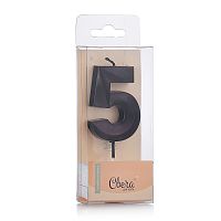 Свеча Цифра, 5 Грани, Черный, Металлик, 4,2*6 + 4,5 см, 1 шт. с держателем
