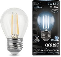 Лампа филам. Gauss 7Вт цок.:E27 шар 220B св.свеч.бел.нейт. G45 (упак.:10шт) (105802207)