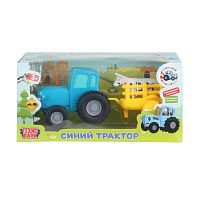 Машина металл Синий трактор с телегой и коровой 11 см, инерц, синий