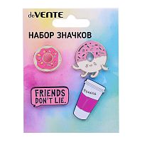 Набор значков "Donuts"металл, эмалированные, размер изделий: пончик 2 см, пончик 2,4x2,6 см, Friends don't lie 2,8x1,6 см, стаканчик 1,8x3 для рюкзака, кепки