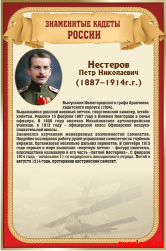 Стенд для школы ЗНАМЕНИТЫЕ КАДЕТЫ. НЕСТЕРОВ, 0,4*0,6м Стенд для школы ЗНАМЕНИТЫЕ КАДЕТЫ. НЕСТЕРОВ, 0,4*0,6м