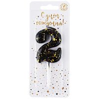 Свеча Цифра, 2 Золотые брызги, на шпажке, Черный, Металлик, 4,3 + 5,2 см, 1 шт. с держат.
