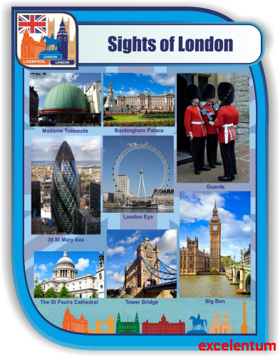 Стенд для школы голубой SIGHTS OF LONDON - ДОСТОПРИМЕЧАТЕЛЬНОСТИ ЛОНДОНА, 0,75*1м