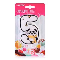 Свеча-цифра для торта "Панда" 5, размер свечки 9,1x6,6x1 см, с рисунком, белая, в картонном блистере