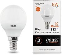 Лампа светодиодная Gauss Elementary 8Вт цок.:E14 шар 220B св.свеч.бел.теп. P45 (упак.:10шт) (53118)