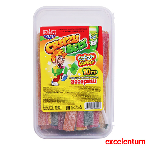 Жевательный мармелад в кислой обсыпке "Crazy Gummy crazy belt" ассорти 10гр*150шт Жевательный мармелад в кислой обсыпке "Crazy Gummy crazy belt" ассорти 10гр*150шт