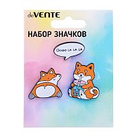 Набор значков "Corgi" эмалированные, размер изделий: Oooo LA LA LA 2,6x1,4 см, щенок акита-ину 2,3x2,8 см, щенок корги 2,9x2,9 см на карточке 7,0x9,5 см с пластиковым пакетом