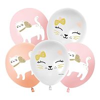 Шар (12''/30 см) Кошечка с бантом, Ассорти, пастель, 1 ст, 25 шт.