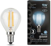 Лампа филам. Gauss Filament 9Вт цок.:E14 шар 220B св.свеч.бел.нейт. (упак.:10шт) (105801209)