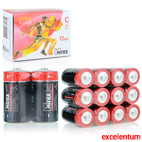 Батарея солевая Mirex R14/ С 1,5V, 12 шт, shrink (2) Батарея солевая Mirex R14/ С 1,5V, 12 шт, shrink (2)