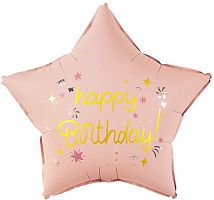 Шар (18''/46 см) Звезда, Happy Birthday (праздничные искры), Розовый, Сатин, 1 шт. в уп.