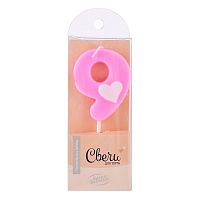Свеча Цифра, 9 Белое сердечко, Розовый, 4,5 + 4 см, 1 шт. с держат.