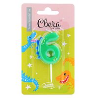 Свеча Цифра, 6 Динозаврик, 3,5*4,5 + 2,5 см, 1 шт. с держателем