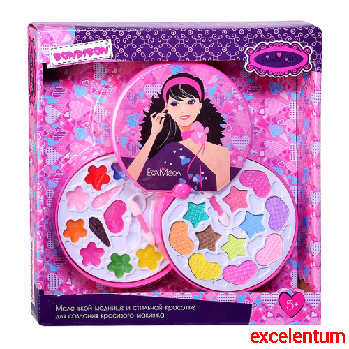 Набор детской декор. косметики Eva Moda, BOX 27,5*26*5 см; косметичка-диск, 2х-уровневая, раздвижная: крышка-зеркальце поворот на 360о, тени для век 11 оттенков (8,3г), блеск для губ 11 оттенков (7,6г), 2 аппликатора;