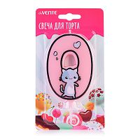 Свеча-цифра для торта "Котик" 0, размер свечки 9,1x6,6x1 см, с рисунком, розовая, в картонном блистере