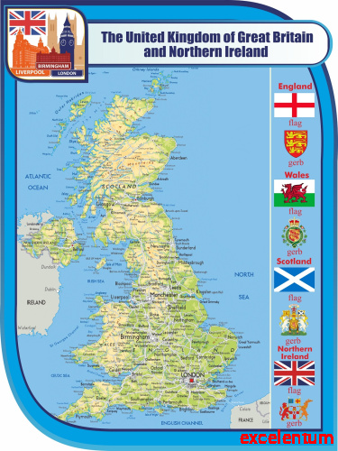 Стенд для школы голубой THE UNITED KINGDOM OF GREAT BRITAIN AND NORTHERN IRELAND (Карта), 0,75*1м