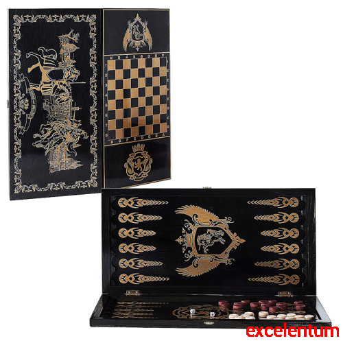 Игра 2в1 большая черная, рисунок золото (нарды, шашки) "Рыцари" (600*300*40) Игра 2в1 большая черная, рисунок золото (нарды, шашки) "Рыцари" (600*300*40)