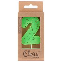 Свеча Цифра, 2 ЭКО, Неон, Зеленый, с блестками, 4*6 + 3 см, 1 шт. с держат.