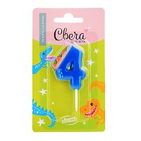 Свеча Цифра, 4 Динозаврик, 3,5*4,5 + 2,5 см, 1 шт. с держателем