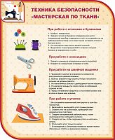 Стенд для школы ТЕХНИКА БЕЗОПАСНОСТИ МАСТЕРСКАЯ ПО ТКАНИ, 0,9*1,1м