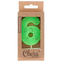 Свеча Цифра, 6 ЭКО, Неон, Зеленый, с блестками, 4*6 + 3 см, 1 шт. с держателем