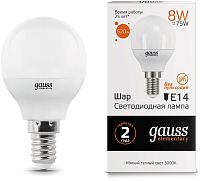 Лампа светодиодная Gauss 8Вт цок.:E14 шар 220B св.свеч.бел.теп. G45 (упак.:1шт) (53118)