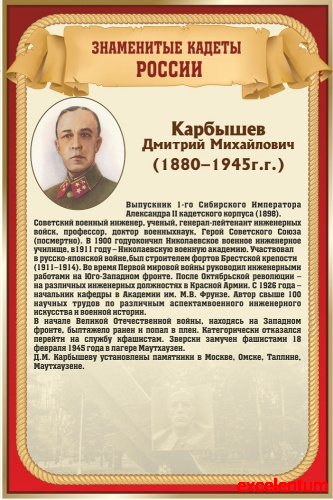 Стенд для школы ЗНАМЕНИТЫЕ КАДЕТЫ. КАРБЫШЕВ, 0,4*0,6м Стенд для школы ЗНАМЕНИТЫЕ КАДЕТЫ. КАРБЫШЕВ, 0,4*0,6м