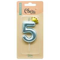 Свеча Цифра, 5 Золотая корона, на шпажке, Голубой, Металлик, 4,5*7 + 3,5 см, 1 шт. с держателем
