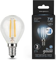 Лампа светодиодная Gauss Filament 7Вт цок.:E14 шар 220B св.свеч.бел.нейт. (упак.:1шт) (105801207-S)