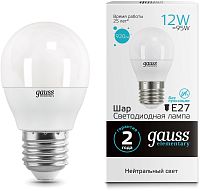 Лампа светодиодная Gauss Elementary 12Вт цок.:E27 шар 220B св.свеч.бел.нейт. (упак.:10шт) (53222)