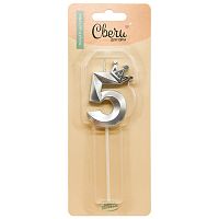 Свеча Цифра, 5 Корона, на шпажке, Серебро, Металлик, 4,5*6 + 6,5 см, 1 шт. с держат.