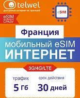 Карта eSIM Telwel Travel пакет Франция 5Гб 30 дней