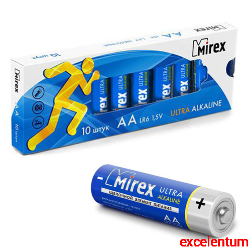 Батарея щелочная Mirex LR6 / AA 1,5V, в упаковке 10 шт. Батарея щелочная Mirex LR6 / AA 1,5V, в упаковке 10 шт.