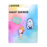 Набор значков "Hello Bear" эмалированные, размер изделий: hello 2,4x1,9 см, медвежонок 1,6x2,5 см, мороженое 1,6x3,1 см на карточке 7,0x9,5 см с пластиковым пакетом